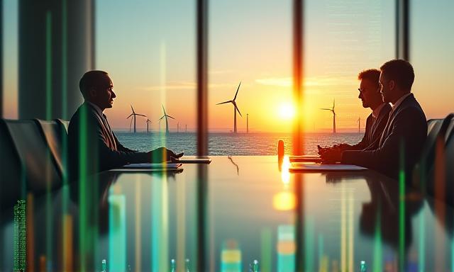 Financial chart overlaying a coastal landscape with wind turbines